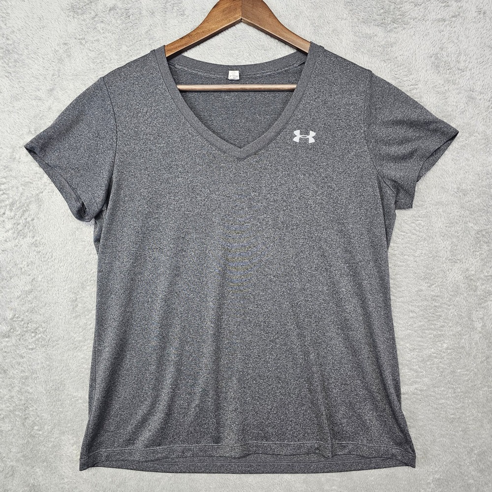 Under Armour HeatGear Womens‎ Large Gray V-Neck Short Sleeve Athletic T-Shirt
